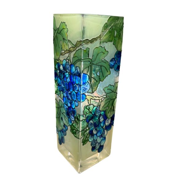 Hand Painted Grapes Vines Leaves Stained Glass Vase Joan Baker Designs 10" Tall - Picture 15 of 15